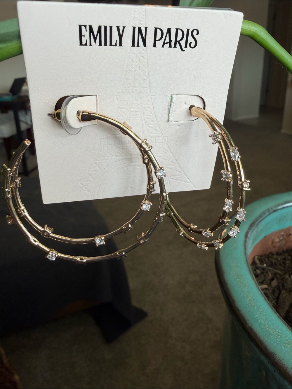 Emily in Paris Gold Hoop with Clear Crystals. Boho Chic Statement Earrings
